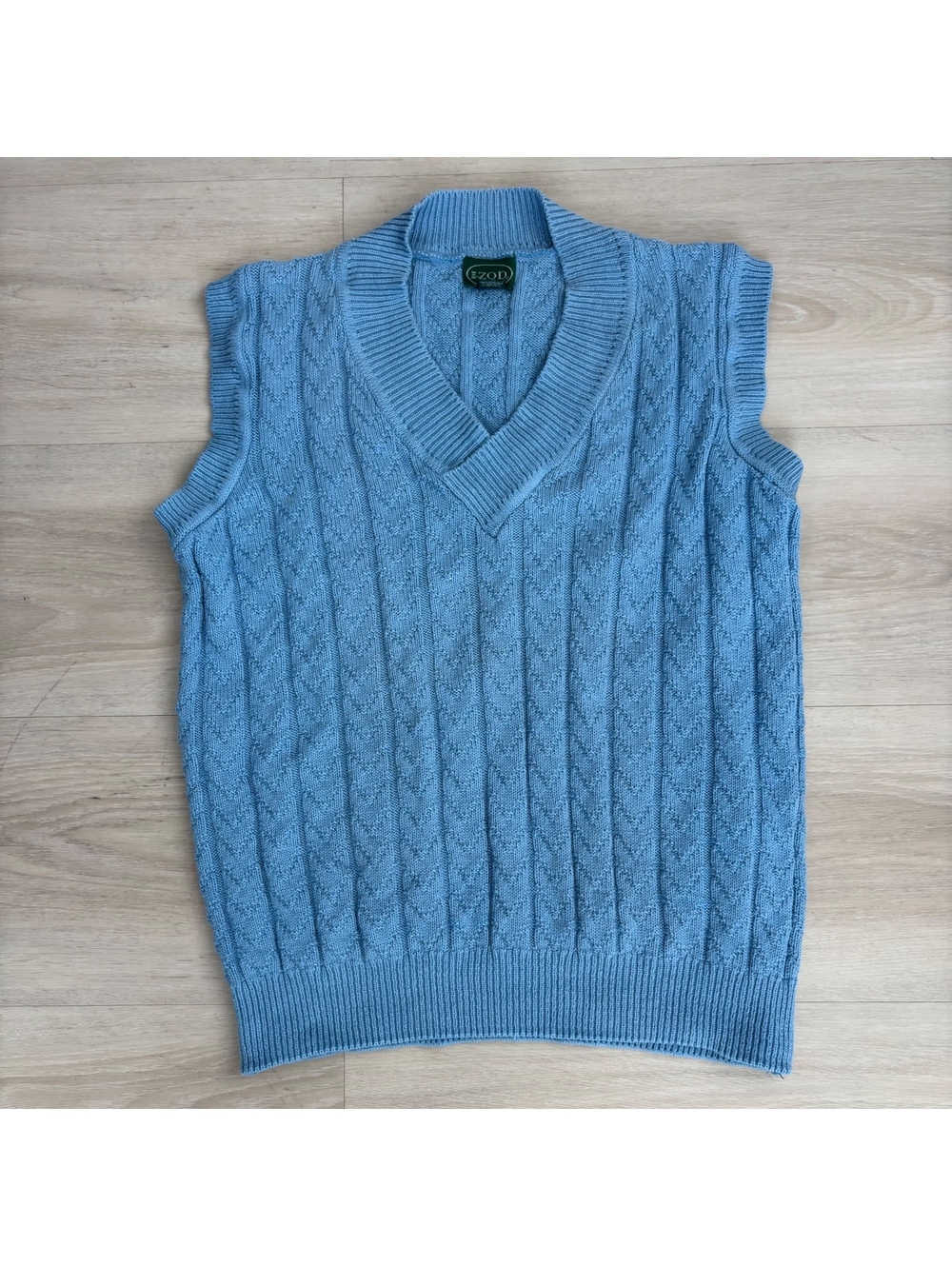 Vintage IZOD Sweater Vest Blue Cable Knit V Neck 100% Cotton Made USA Preppy